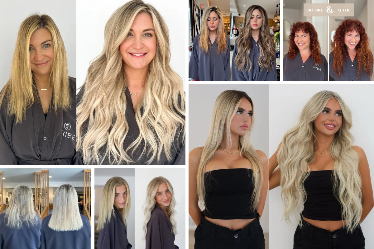 Collection of Tribe hair extension before-and-after transformations
